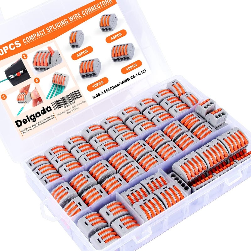 Delgada 100PCS Compact Wire Connector Nuts Kit -Reusable Push-in Terminals for Quick Wire Splicing. Compatible with Stranded, Solid, and Flexible Wires. Includes 2-5 Ports for Universal Wiring - Image 1
